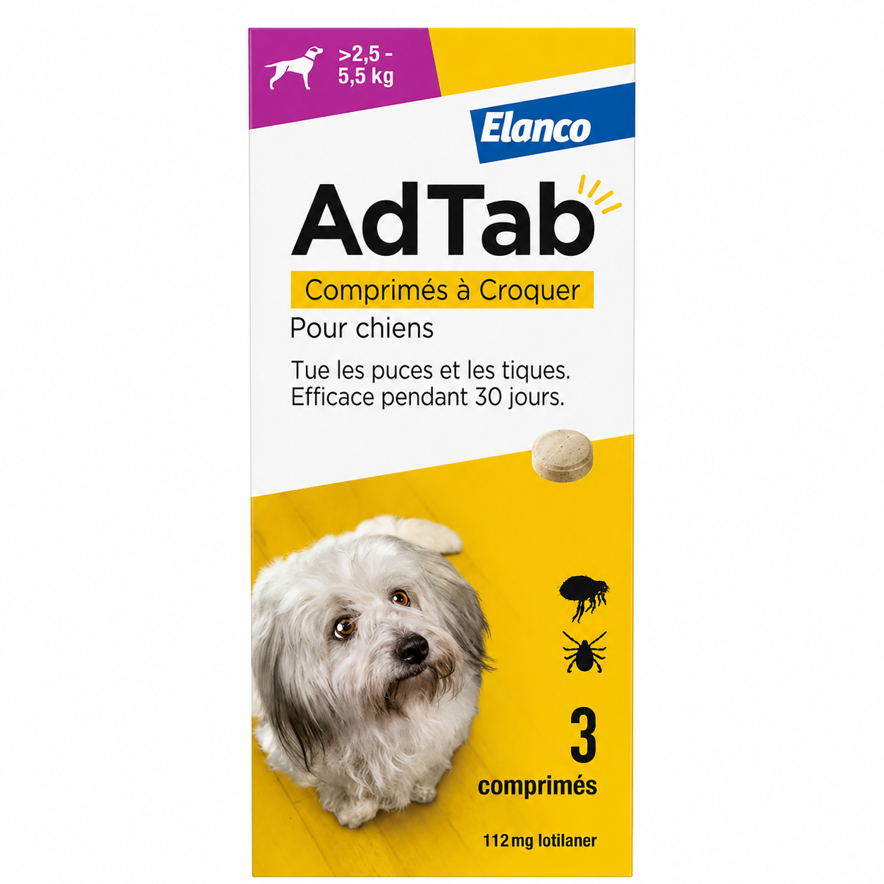 ADTAB 112 mg pour chiens de plus de 2,5 à 5,5 kg boîte de 3 comprimés à croquer