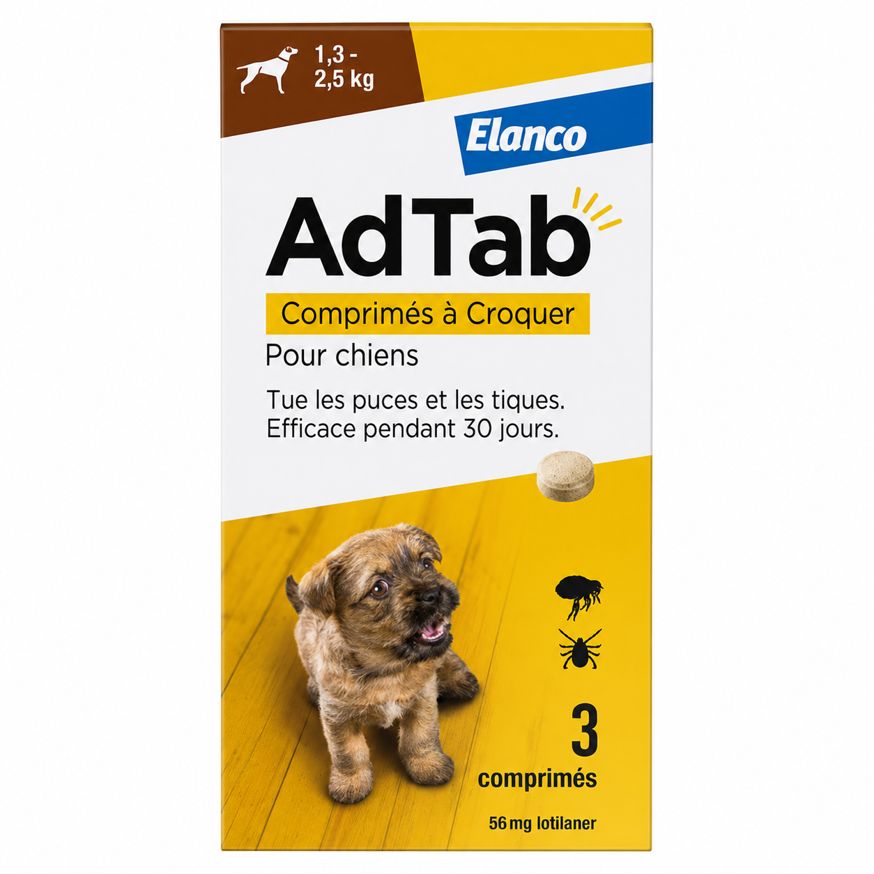 ADTAB 56 mg pour chiens de 1,3 à 2,5 kg boîte de 3 comprimés à croquer