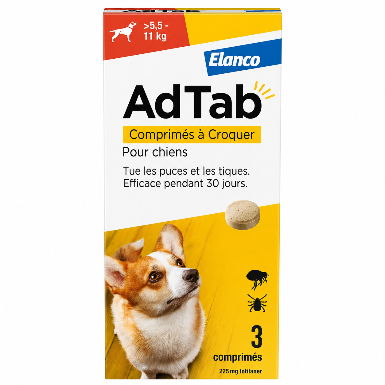 ADTAB 225 mg pour chiens de plus de 5,5 à 11 kg boîte de 3 comprimés à croquer