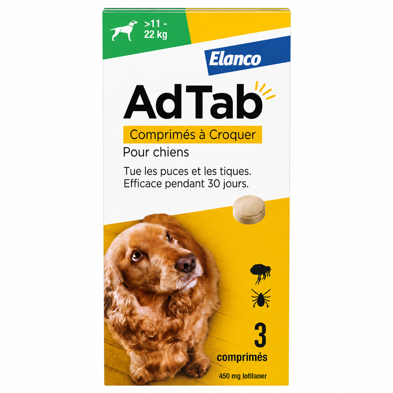 ADTAB 450 mg pour chiens de plus de 11 à 22 kg boîte de 3 comprimés à croquer