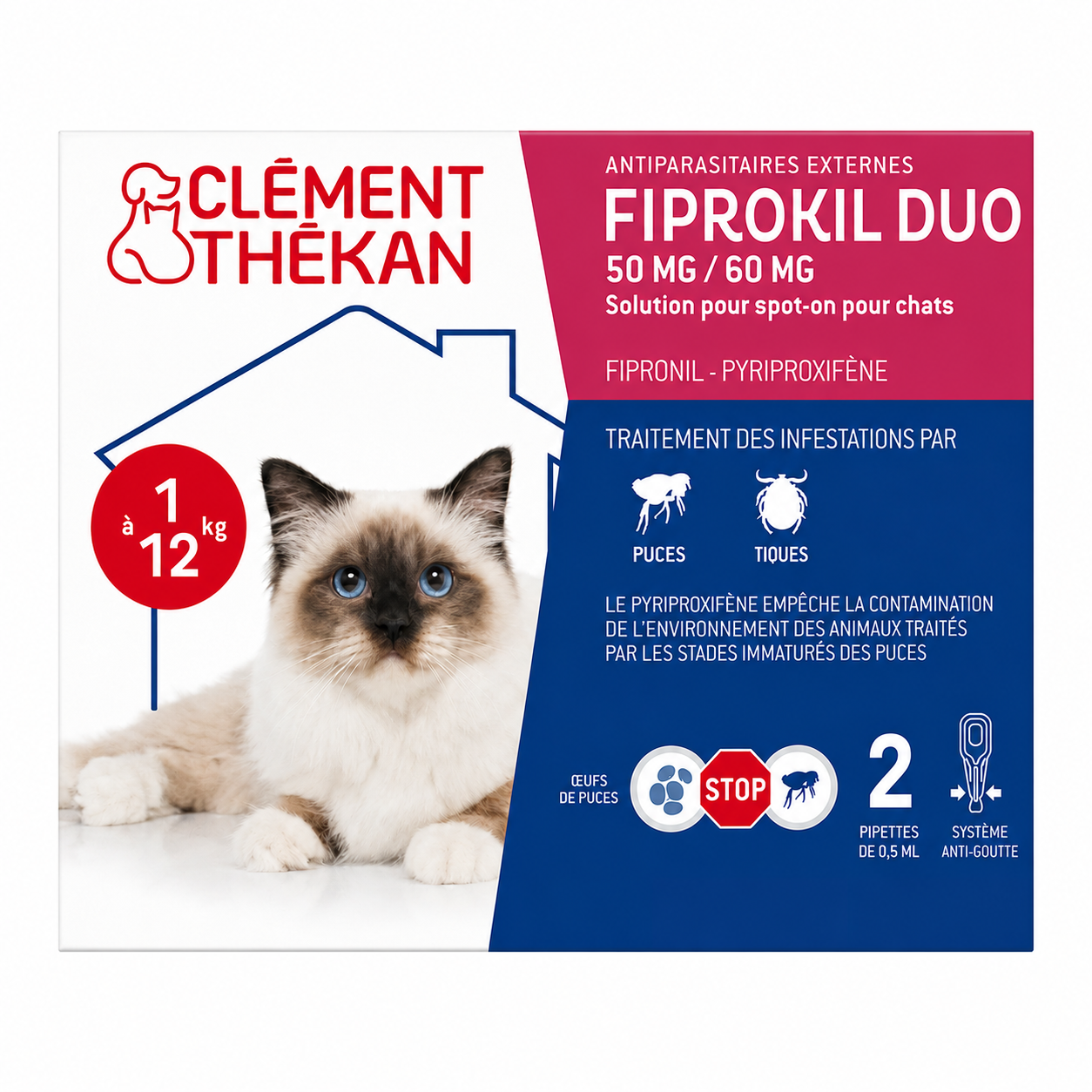 FIPROKIL DUO 50 mg / 60 mg solution pour spot-on pour chats boîte de 2 pipettes de 0,5 ml