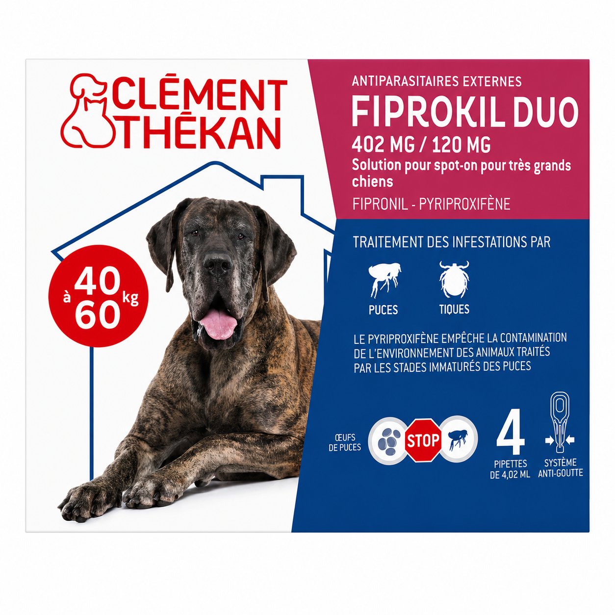 FIPROKIL DUO 402 mg / 120 mg solution pour spot-on pour très grands chiens de 40-60 kgs boîte de 4 pipettes de 4,02 ml