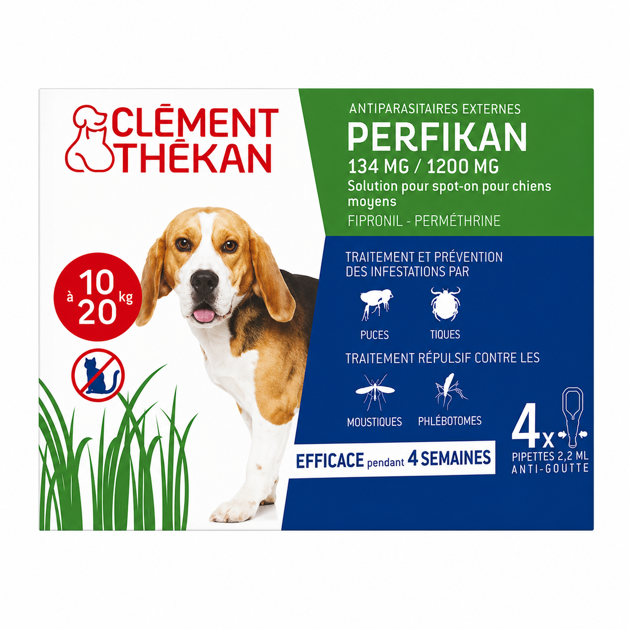 PERFIKAN 134 mg / 1200 mg solution pour spot-on pour chiens moyens (10 à 20 kg) boîte de 4 pipettes de 2,2 ml