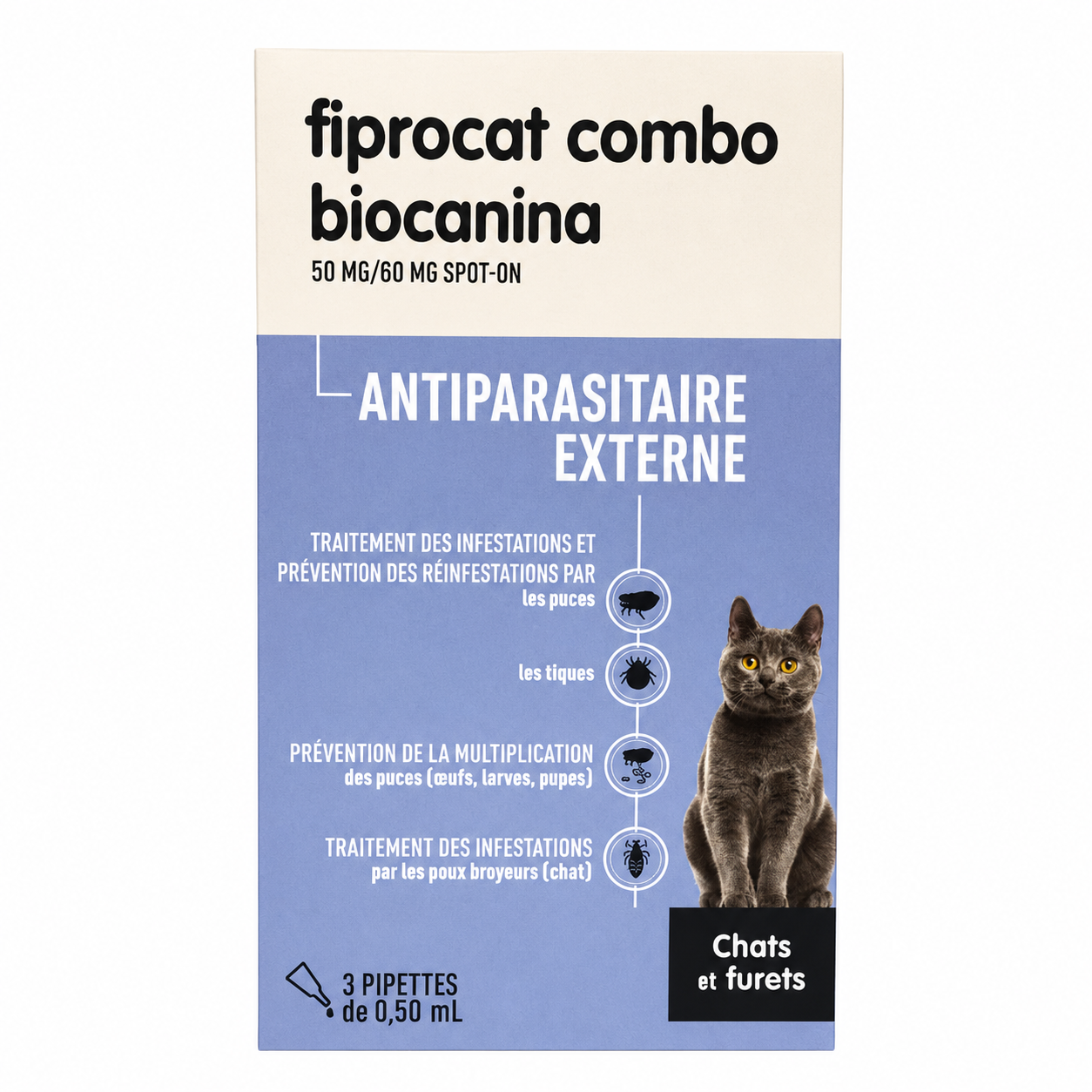 FIPROCAT COMBO 50 mg / 60 mg spot-on pour chats et furets boîte de 3 pipettes de 0,50 ml