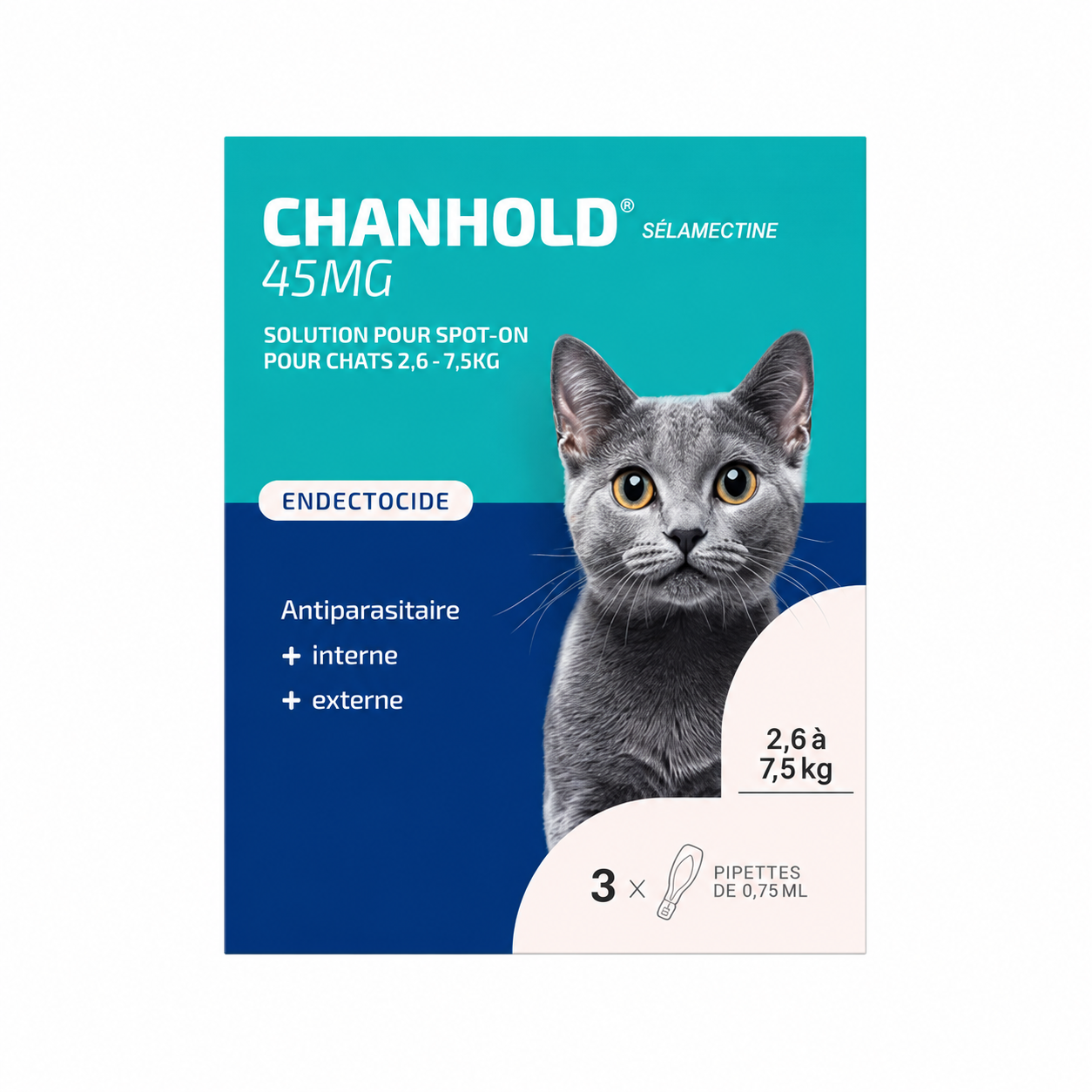 CHANHOLD 45 mg solution pour spot-on pour chats de 2,6 à 7,5 kg boîte de 3 pipettes de 0,75 ml