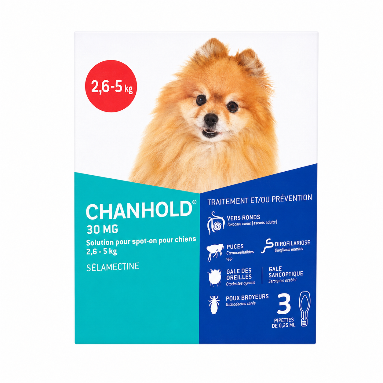 CHANHOLD 30 mg solution pour spot-on pour chiens de 2,6 à 5 kg boîte de 3 pipettes de 0,25 ml