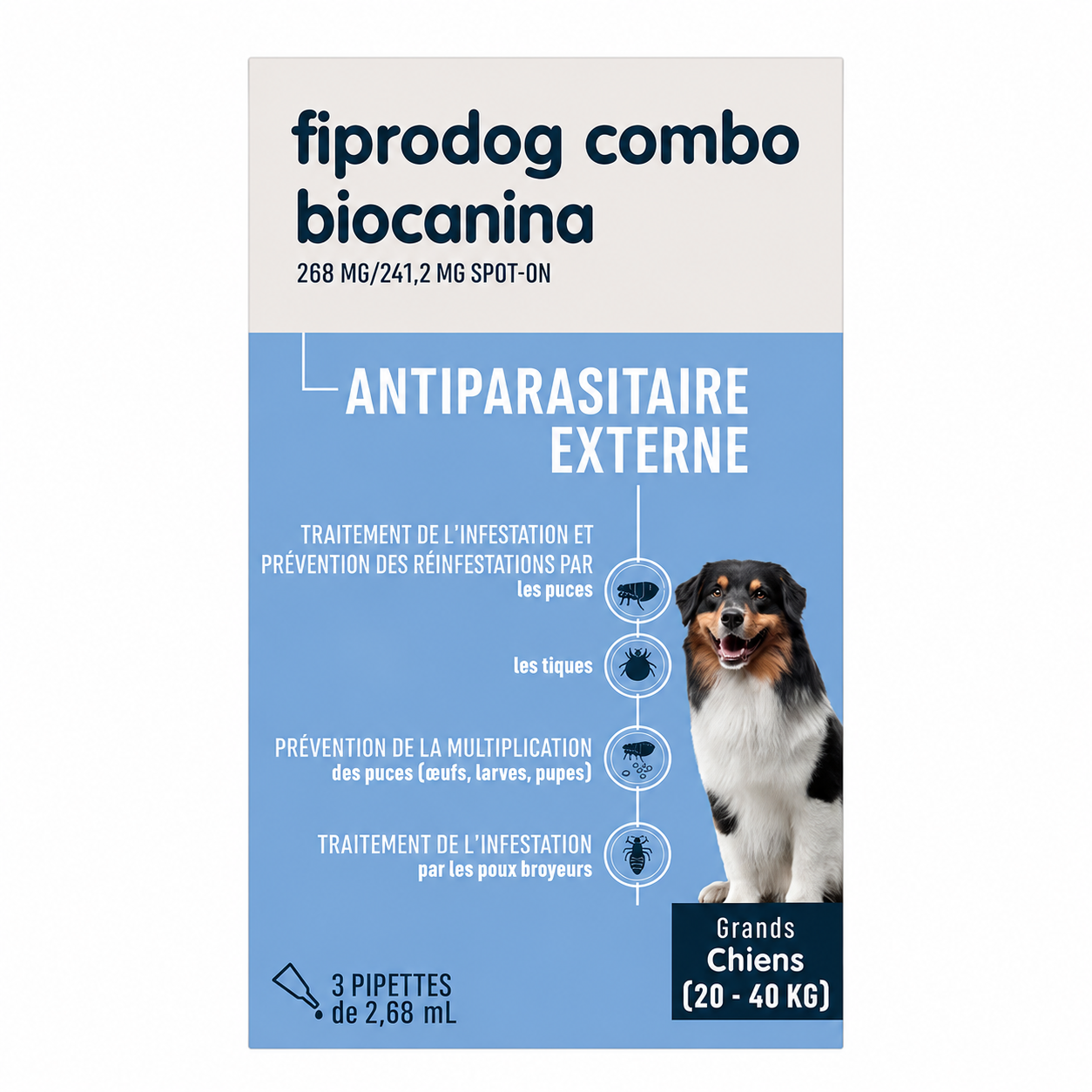 FIPRODOG COMBO BIOCANINA 268 mg/241,2 mg spot-on pour grands chiens boîte de 3 pipettes de 2,68 ml