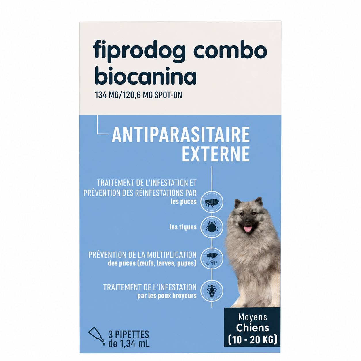 FIPRODOG COMBO BIOCANINA 134 mg/120,6 mg spot-on pour chiens moyens boîte de 3 pipettes de 1,34 ml