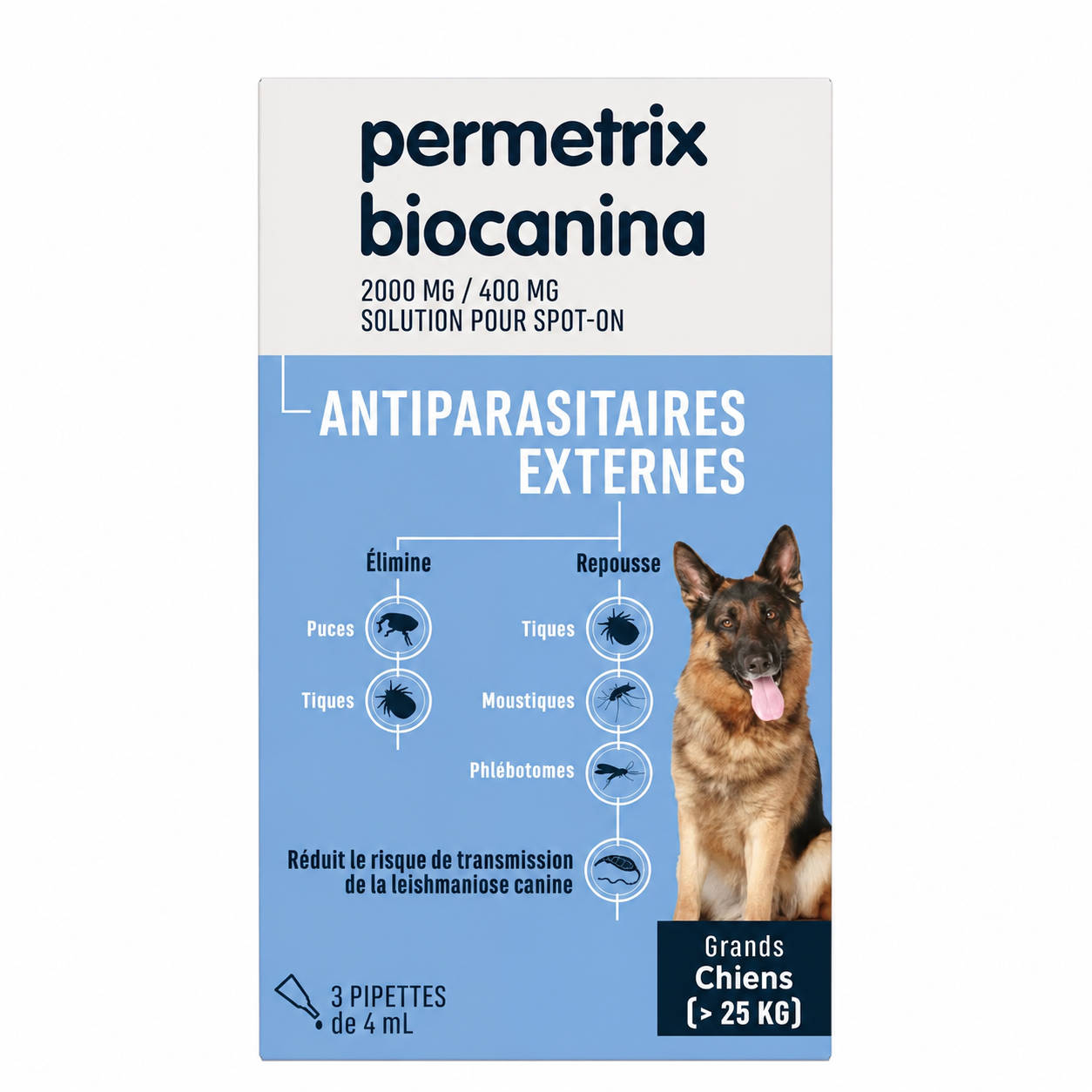 PERMETRIX 2000 mg/400 mg spot-on pour chiens de plus de 25 kg boîte de 3 pipettes de 4 ml