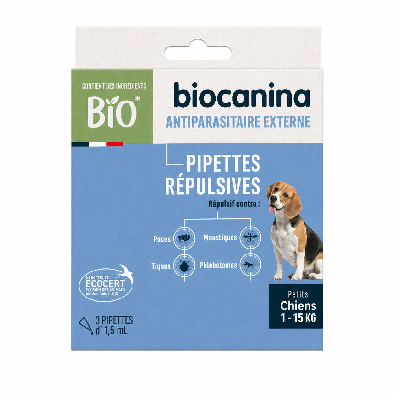 BIOCANINA BIO pipettes répulsives chien < 15 kg 3 pipettes de 1,5 ml