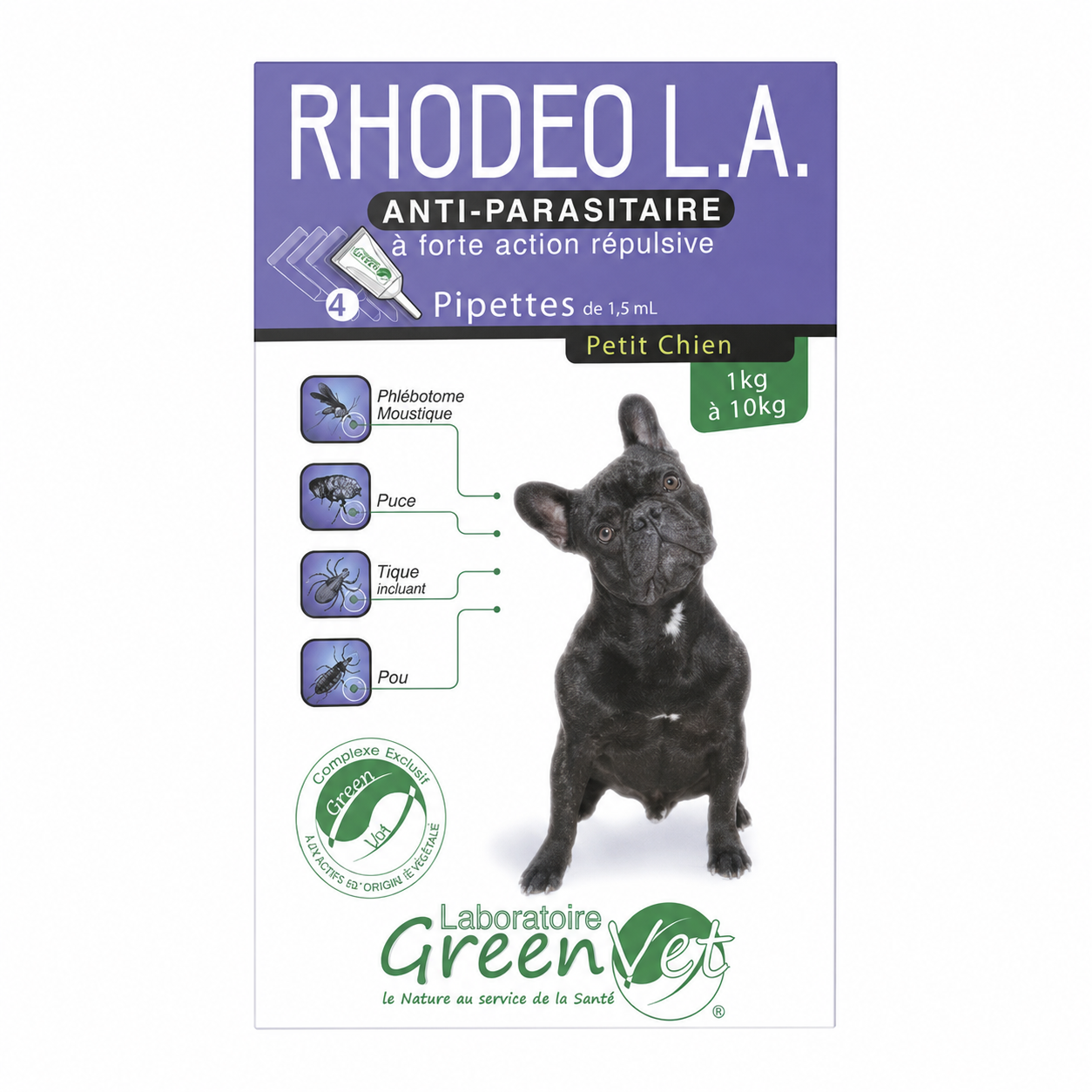 RHODEO L.A. pipettes antiparasitaires petit chien de 1 à 10 kg boite de 4 pipettes de 1,5 ml