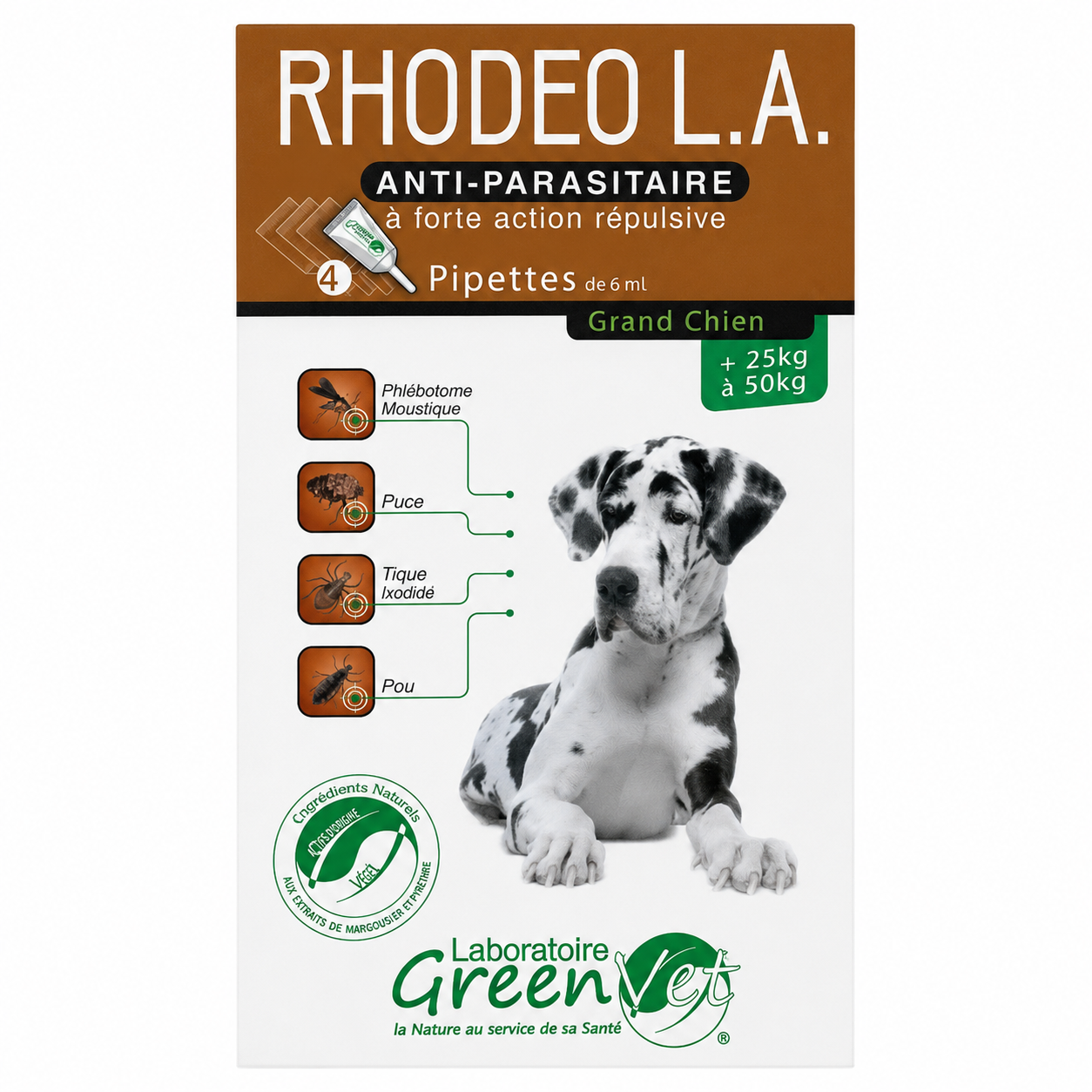 RHODEO L.A. pipettes antiparasitaires grand chien de 25 à 50 kg 4 pipettes de 6 ml