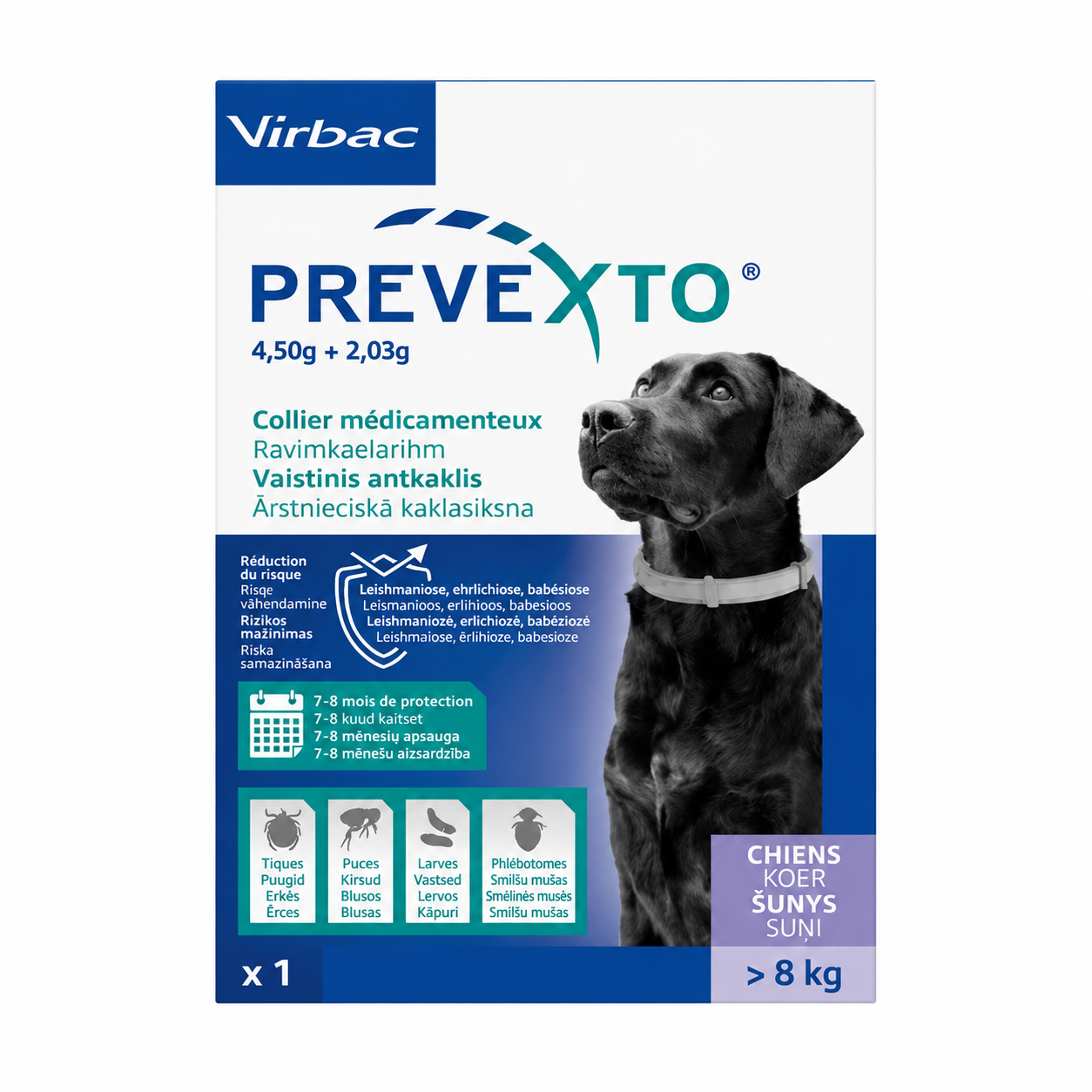 PREVEXTO 4,50 g + 2,03 g collier médicamenteux chiens de plus de 8 kg 70 cm boîte de 1 collier