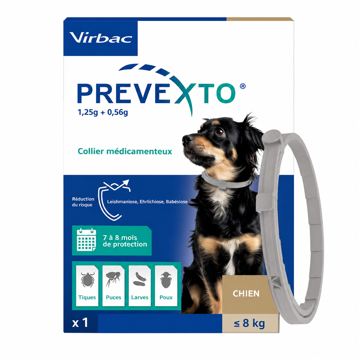 PREVEXTO 1,25 g + 0,56 g collier médicamenteux chiens jusqu’à 8 kg 38 cm boîte de 1 collier
