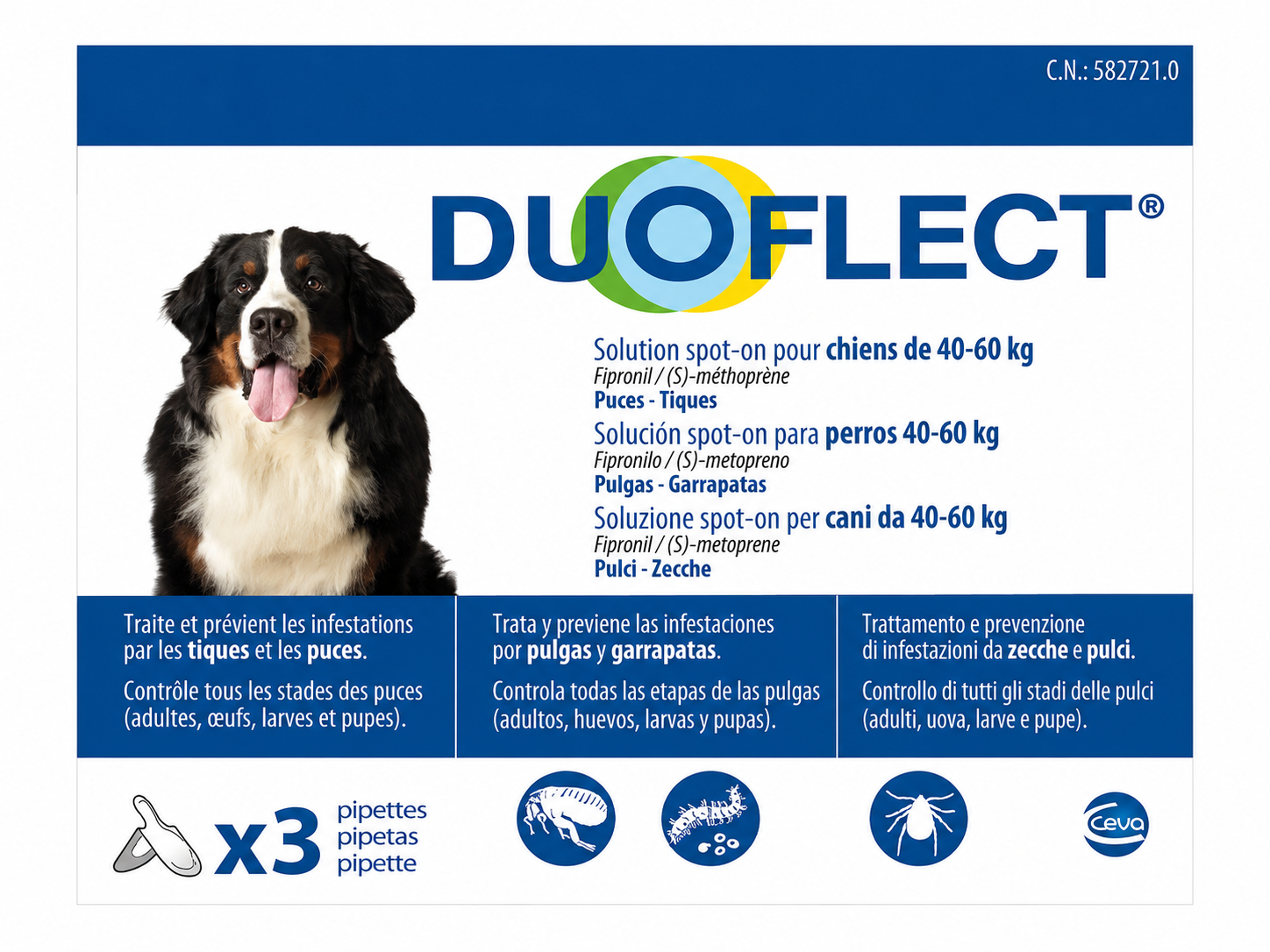 DUOFLECT solution pour spot-on pour chiens de 40 à 60 kg boîte de 3 pipettes de 4,2 ml