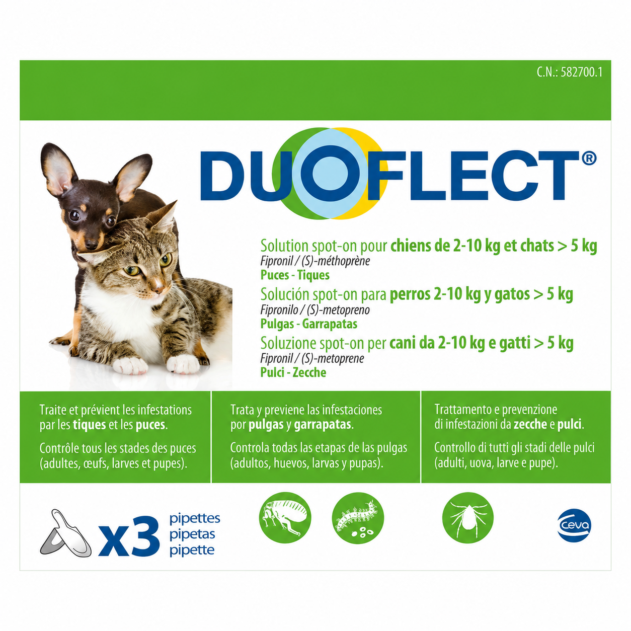 DUOFLECTspot-on pour chiens de 2 à 10 kg et chats de plus de 5 kg boîte de 3 pipettes de 0,7 ml
